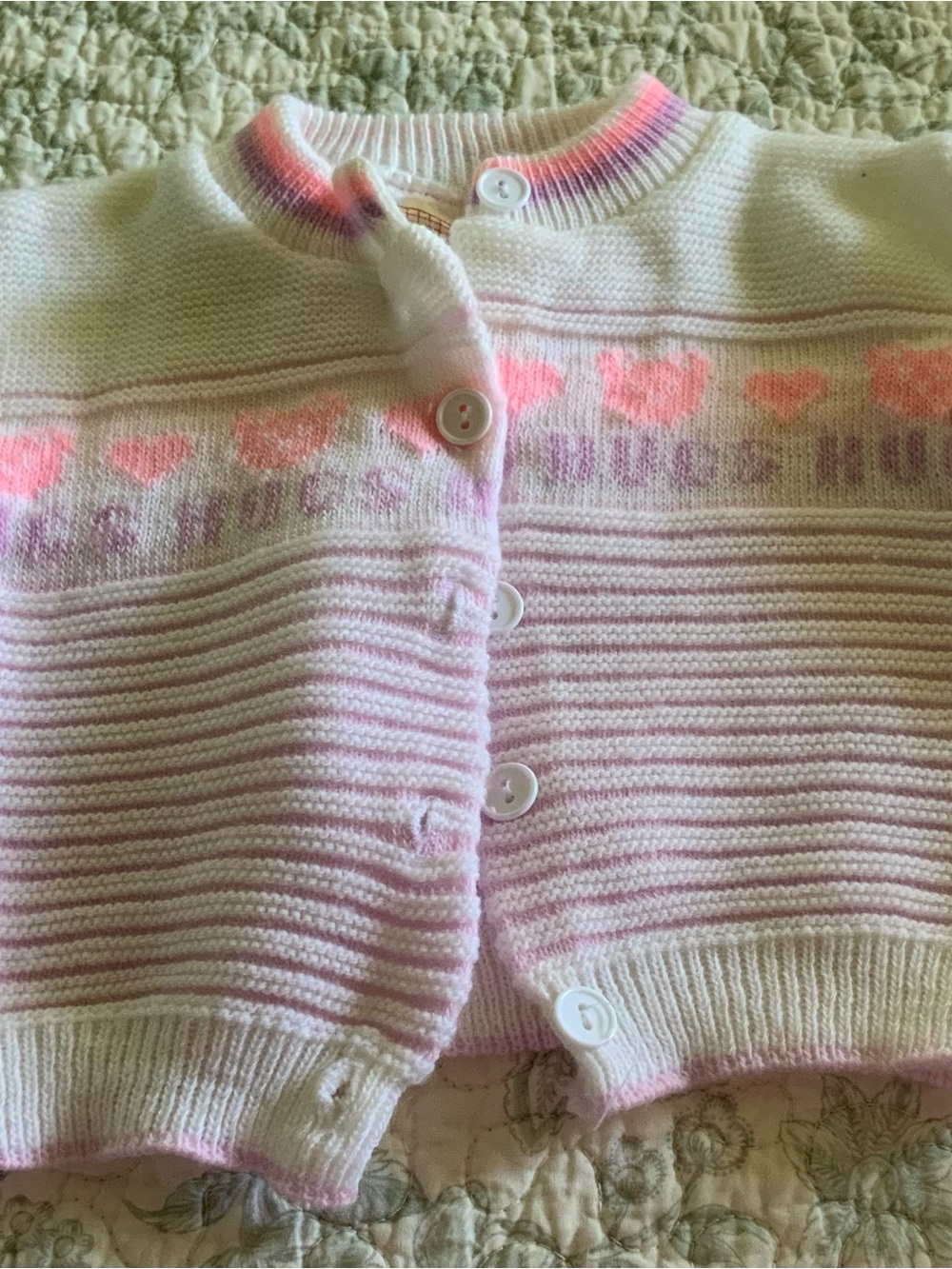Vintage-Baby Knit Button-Up Cardigan Sweater in White, Lavender, and Light Pink